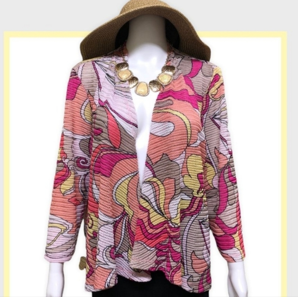 🩷 TanJay Lightweight Cardigan Bold Abstract Floral Pink Yellow Size Medium